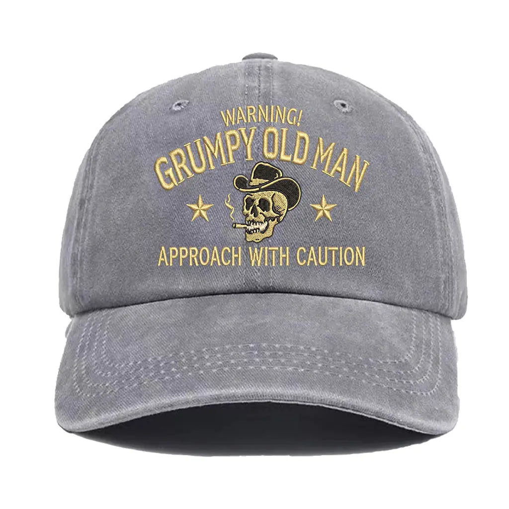 Grumpy Old Man Hat – Warning Approach with Caution Funny Baseball Cap, Vintage Washed Skull Dad Hat for Men