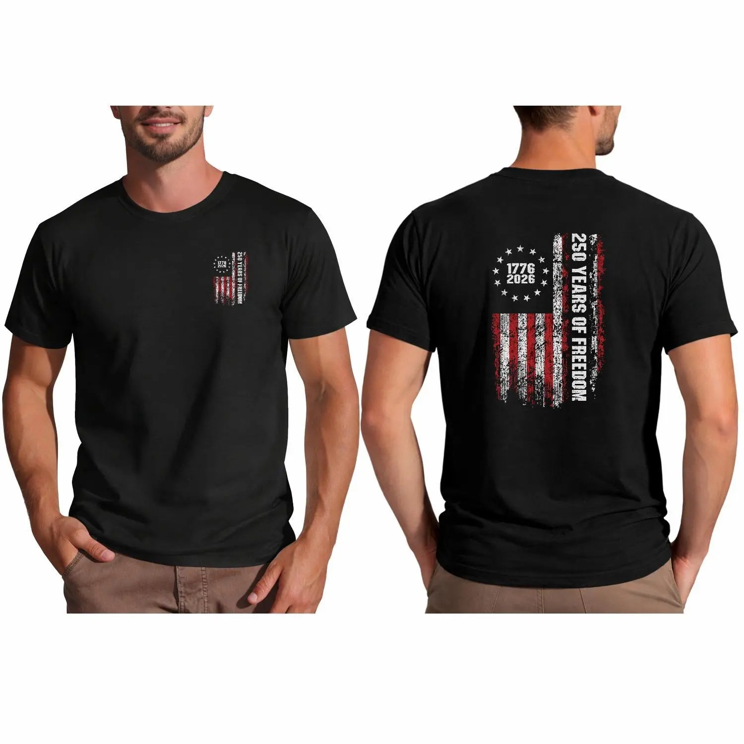 Double-Sided 250th Anniversary American Flag T-Shirt 1776-2026 Patriotic Graphic Tee for Men