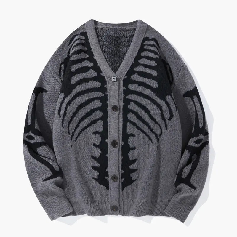 Men’s Skeleton Rib Cage Knit Cardigan – Gothic V-Neck Button-Up Sweater, Oversized Halloween Streetwear