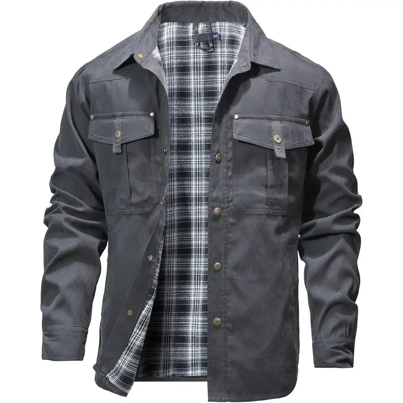 Men’s Plaid Lined Shirt Jacket – Western Workwear Button-Up Shacket with Utility Pockets, Casual Outdoor Jacket