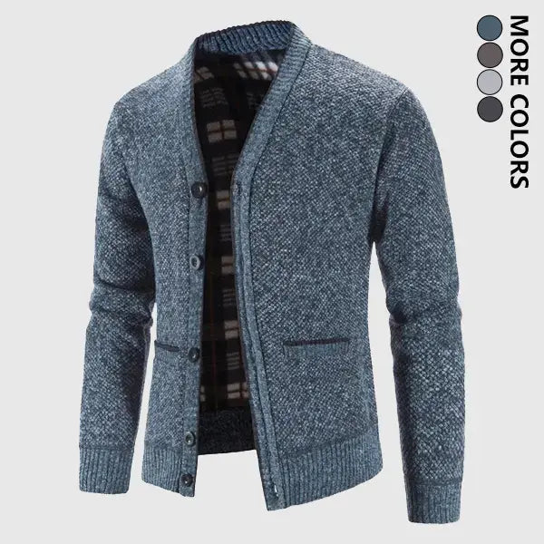 Men’s Shawl Collar Knit Cardigan – Plaid Lined Button Front Thick Warm Sweater, Classic Casual Fall & Winter Style