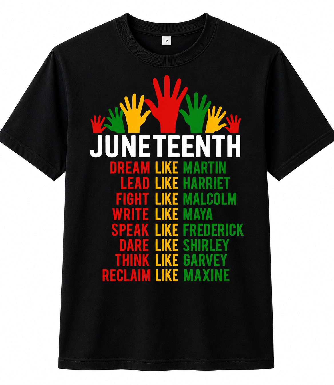 Women's & Men's Black Juneteenth T-Shirt/Sweatshirt/Hoodie - 100% Short Sleeve Crew Neck with African History Icons (Martin, Malcolm, Maya, Garvey) - Casual Juneteenth Celebration Apparel, Regular Fit Unisex Tee