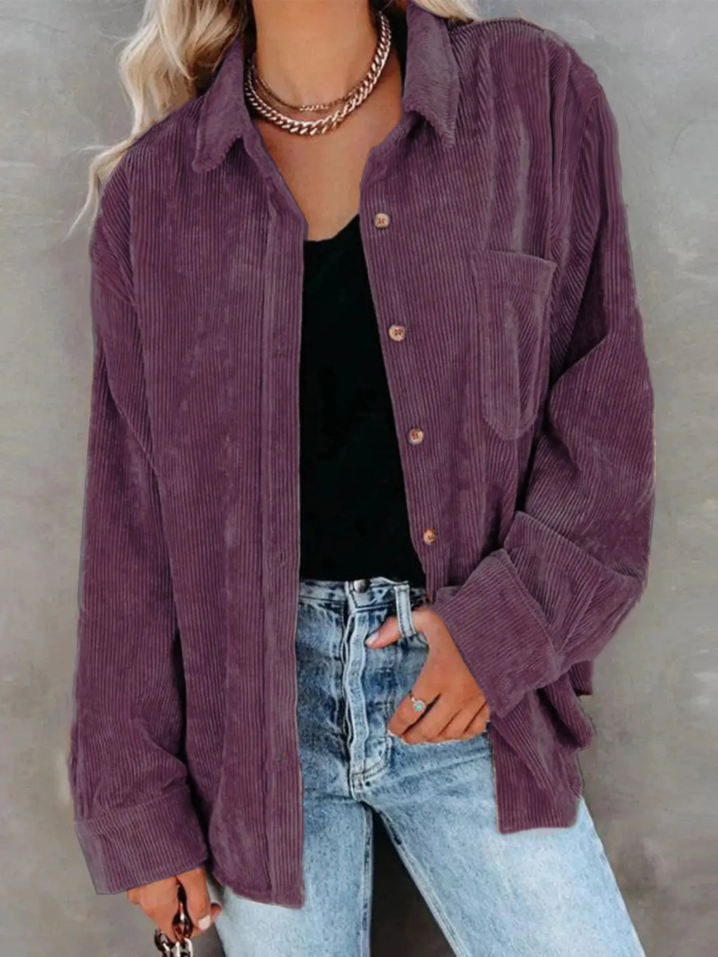 Women’s Oversized Corduroy Button-Down Shirt – Casual Long Sleeve Pocket Shacket with Drop Shoulder