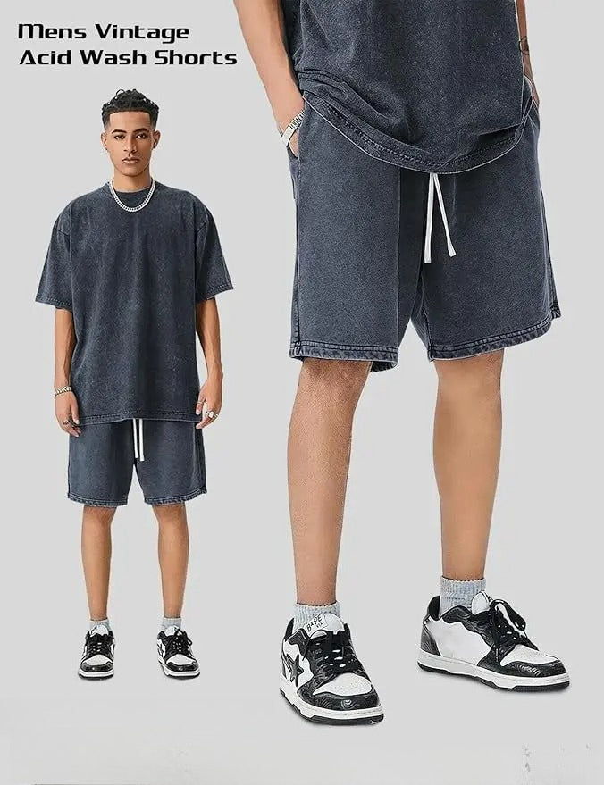 Men's Vintage Washed Cotton Sweat Shorts – Elastic Waist Drawstring Athletic Shorts with Pockets for Gym & Casual Wear