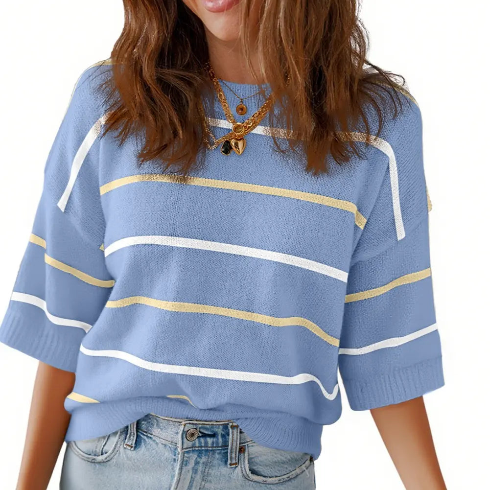 Women's Striped Knit Short Sleeve Sweater – Casual Loose Fit Crew Neck Pullover Top, Lightweight Everyday Wear
