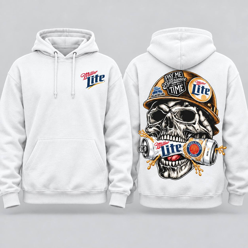 Miller Lite Skull Blue Collar Graphic T-Shirt, Sweatshirt & Hoodie – Beer Lover Workwear & Tradesman Graphic Apparel