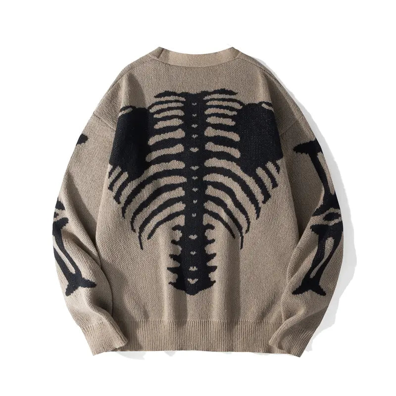 Men’s Skeleton Rib Cage Knit Cardigan – Gothic V-Neck Button-Up Sweater, Oversized Halloween Streetwear