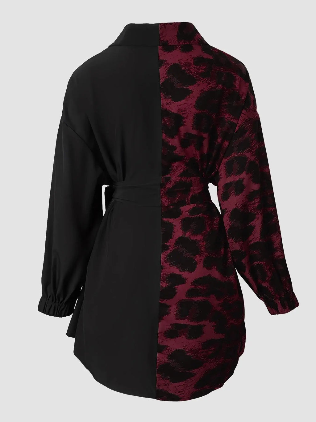 Women’s Leopard Print Color Block Longline Blouse – Tie Waist Asymmetrical Hem Collared Long Sleeve Top