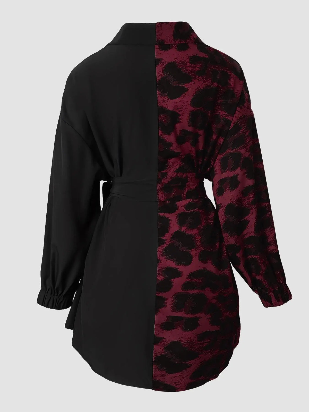 Women’s Leopard Print Color Block Longline Blouse – Tie Waist Asymmetrical Hem Collared Long Sleeve Top