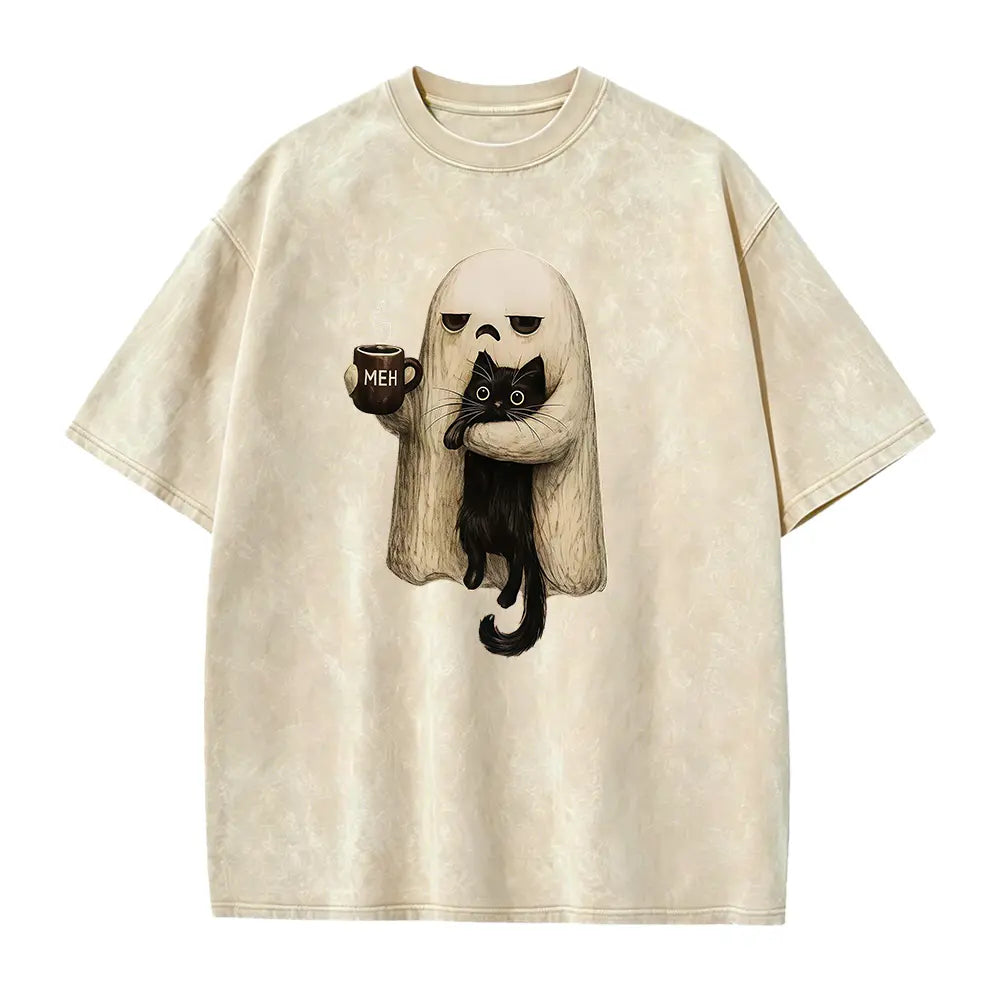 Meh Ghost & Black Cat T-Shirt, Sweatshirt & Hoodie – Funny Halloween Coffee Graphic, Spooky Cat Lover Design, Sarcastic Cute Halloween Gift