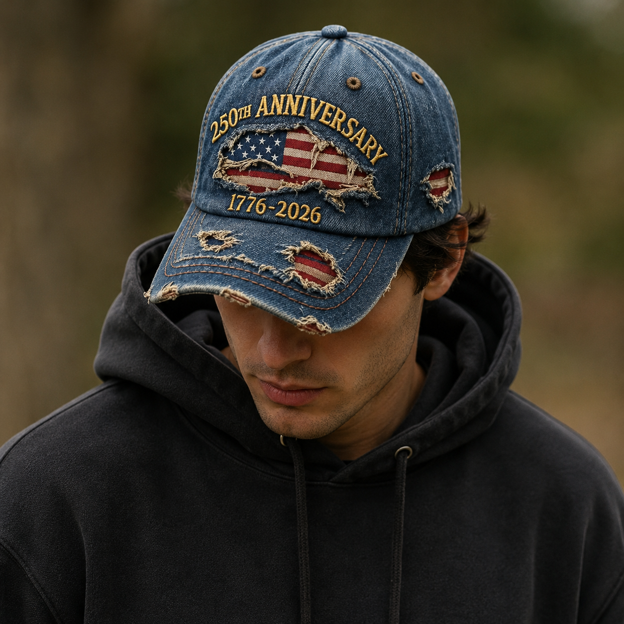 America 250th Anniversary Embroidered Flag Cap 1776-2026, Vintage Distressed Denim Baseball Hat, Patriotic USA Heritage Gift for Dad, Grandpa & American Pride Fans