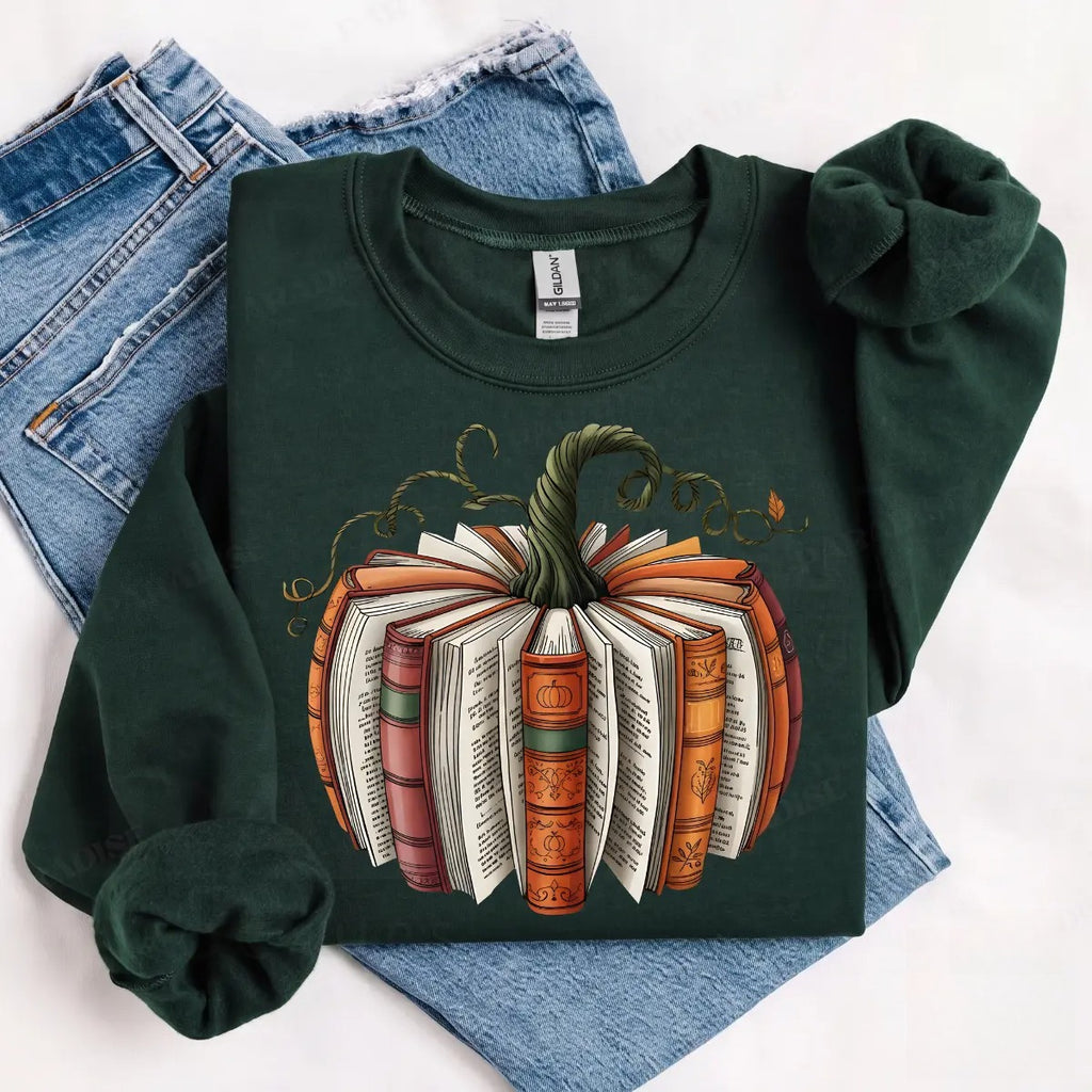 Book Pumpkin T-Shirt, Sweatshirt & Hoodie – Cozy Fall Book Lover Graphic, Autumn Reading Gift