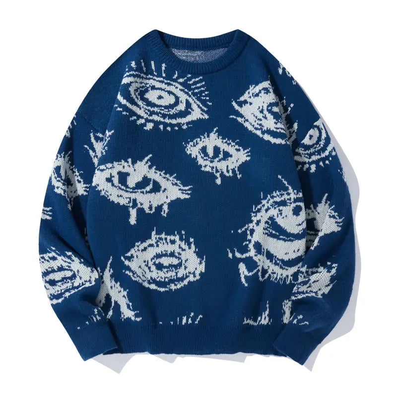 Men’s All-Over Eye Graphic Knit Sweater – Gothic Y2K Crew Neck Pullover, Oversized Streetwear Sweater for Fall & Winter