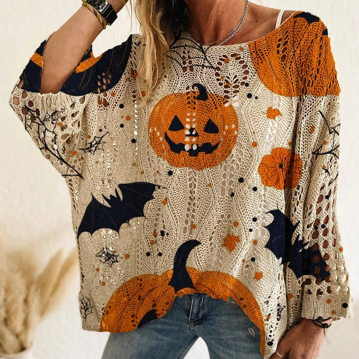 Halloween Pumpkin Bat Open Knit Sweater – Oversized Crochet Pullover with Spider Web Details, Spooky Fall Casual Knit Top