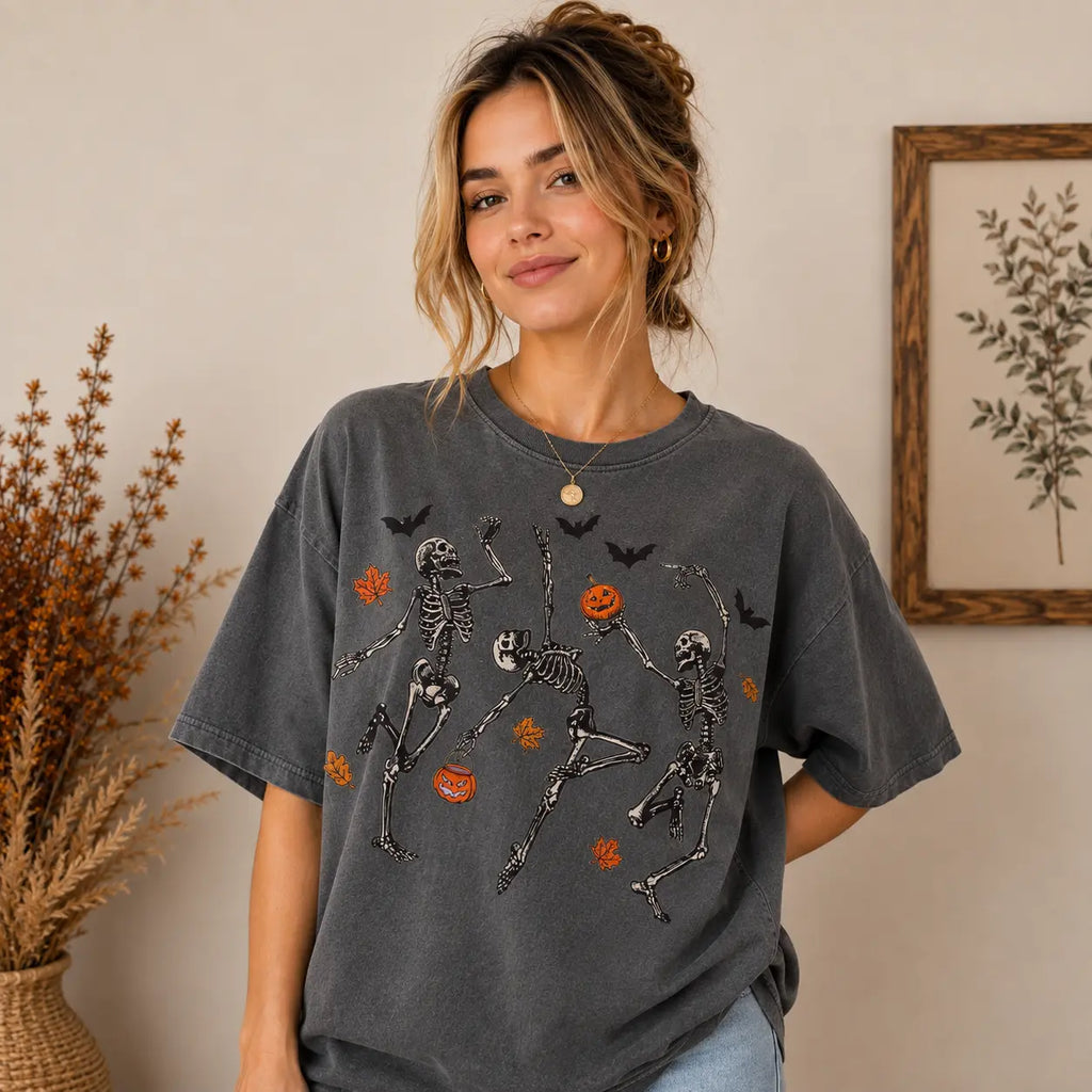 Dancing Skeletons Halloween Graphic T-Shirt, Sweatshirt & Hoodie – Funny Pumpkin & Spooky Season Design