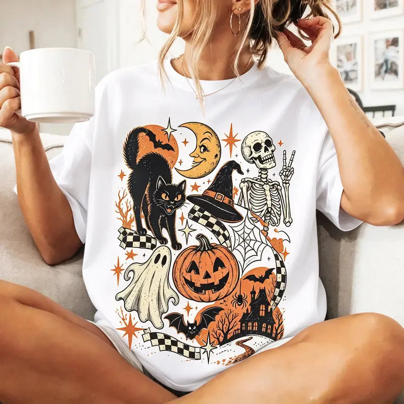 Retro Halloween Black Cat Ghost & Skeleton T-Shirt, Sweatshirt & Hoodie – Spooky Cute Vintage Graphic Apparel