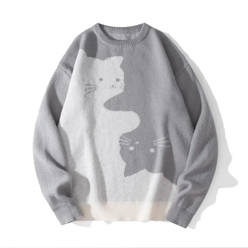 Funny Cat Graphic Knit Sweater – Oversized Crew Neck Pullover, Cute Black & White Cat Pattern Long Sleeve Knitwear, Casual Cozy Fall Winter Streetwear
