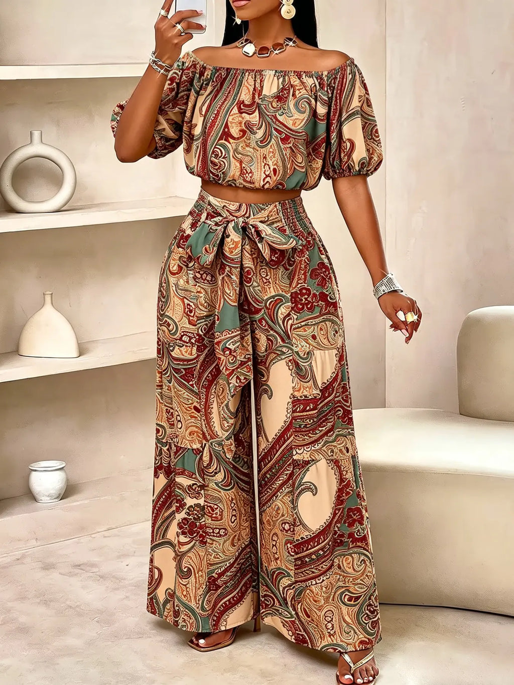 Women's Paisley Print Boho Two Piece Set – Off Shoulder Bubble Sleeve Top & High Waist Wide Leg Pants, Vacation Resort Outfit