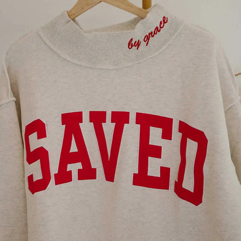 Saved By Grace Oversized Mock Neck Sweatshirt – Christian Faith Collegiate Letter Pullover for Women