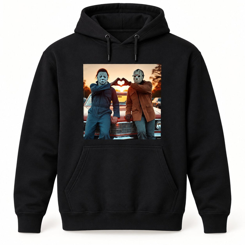 Michael Myers & Jason Heart Hands Graphic T-Shirt, Sweatshirt & Hoodie – Funny Halloween Horror Movie Shirt