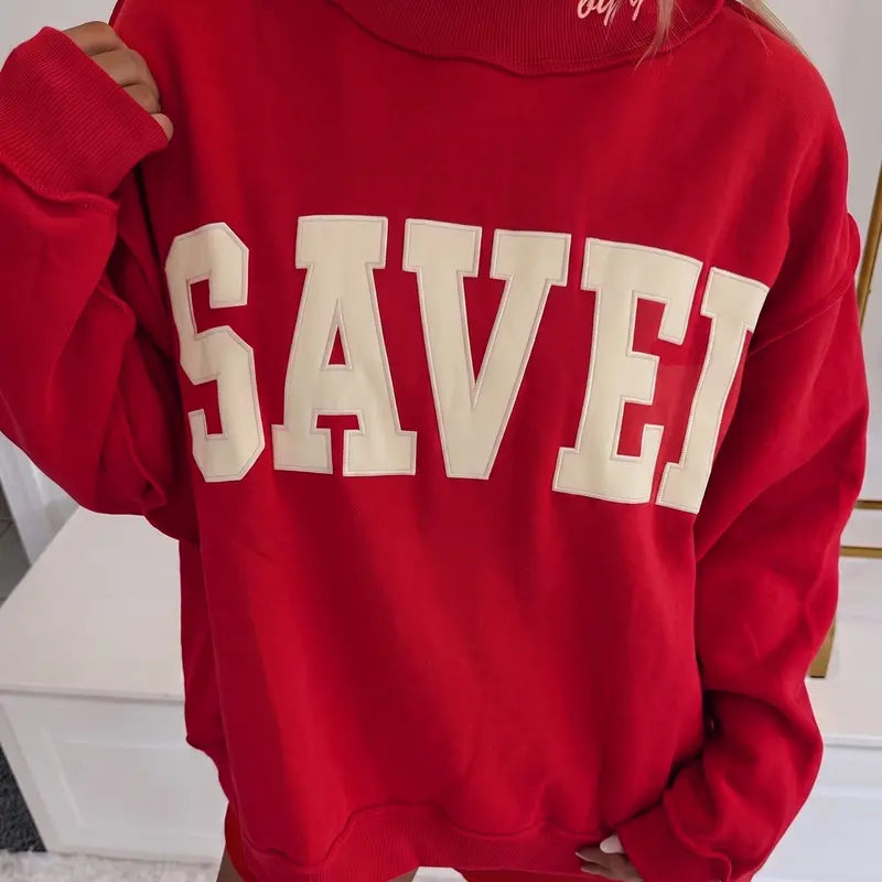 Saved By Grace Oversized Mock Neck Sweatshirt – Christian Faith Collegiate Letter Pullover for Women
