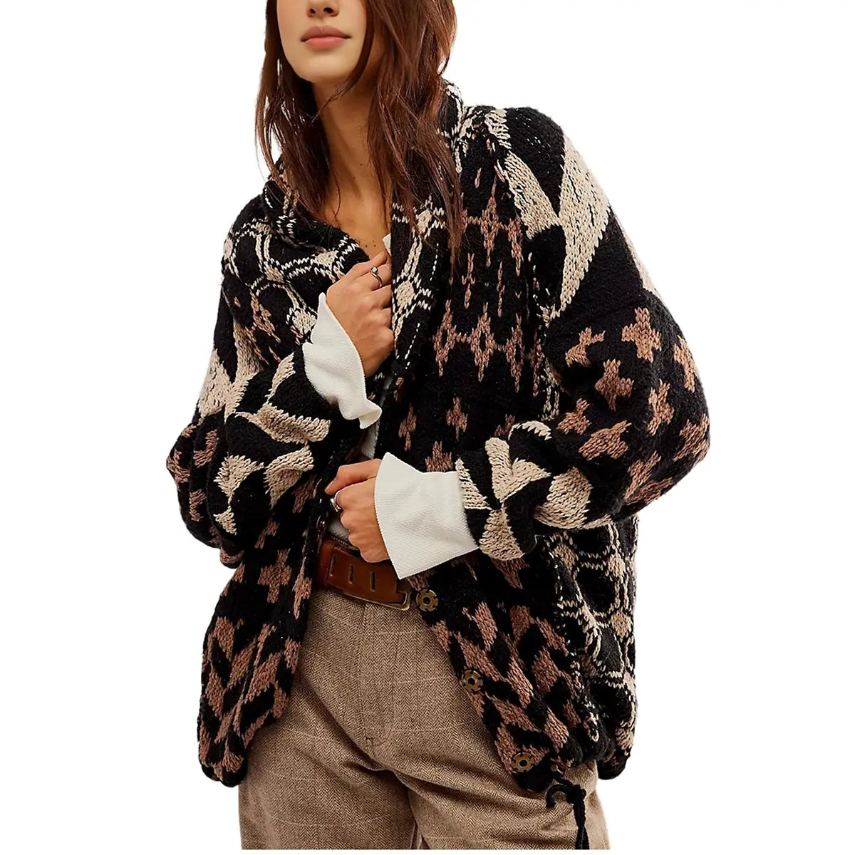 Unisex Oversized Patterned Knit Cardigan – Vintage Boho Button-Front Sweater, Relaxed Long Sleeve Casual Fall Streetwear