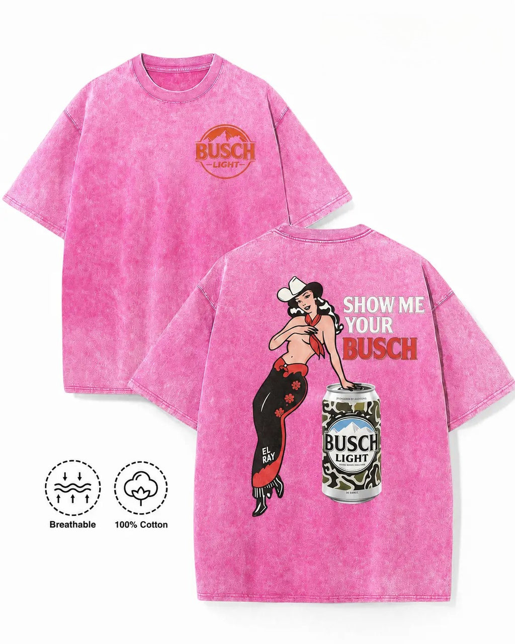 Show Me Your Busch Pin-Up Cowgirl Graphic T-Shirt, Sweatshirt & Hoodie – Funny Western Beer Drinking Retro Design