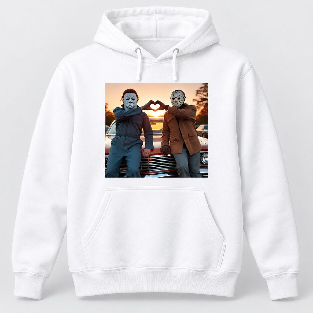 Michael Myers & Jason Heart Hands Graphic T-Shirt, Sweatshirt & Hoodie – Funny Halloween Horror Movie Shirt