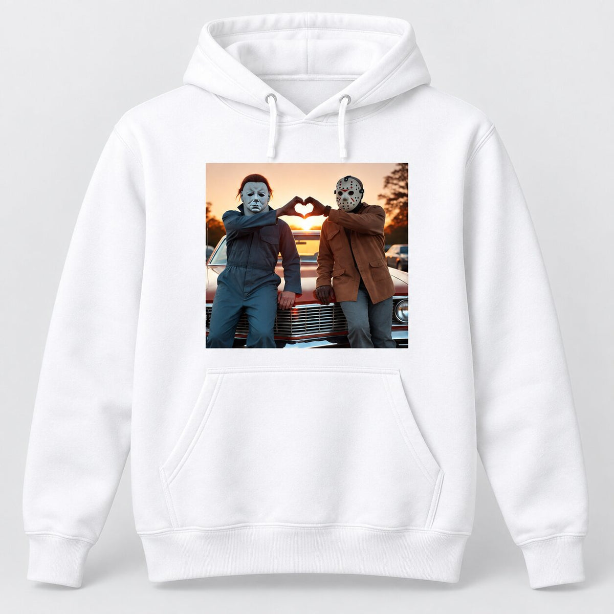 Michael Myers & Jason Heart Hands Graphic T-Shirt, Sweatshirt & Hoodie – Funny Halloween Horror Movie Shirt