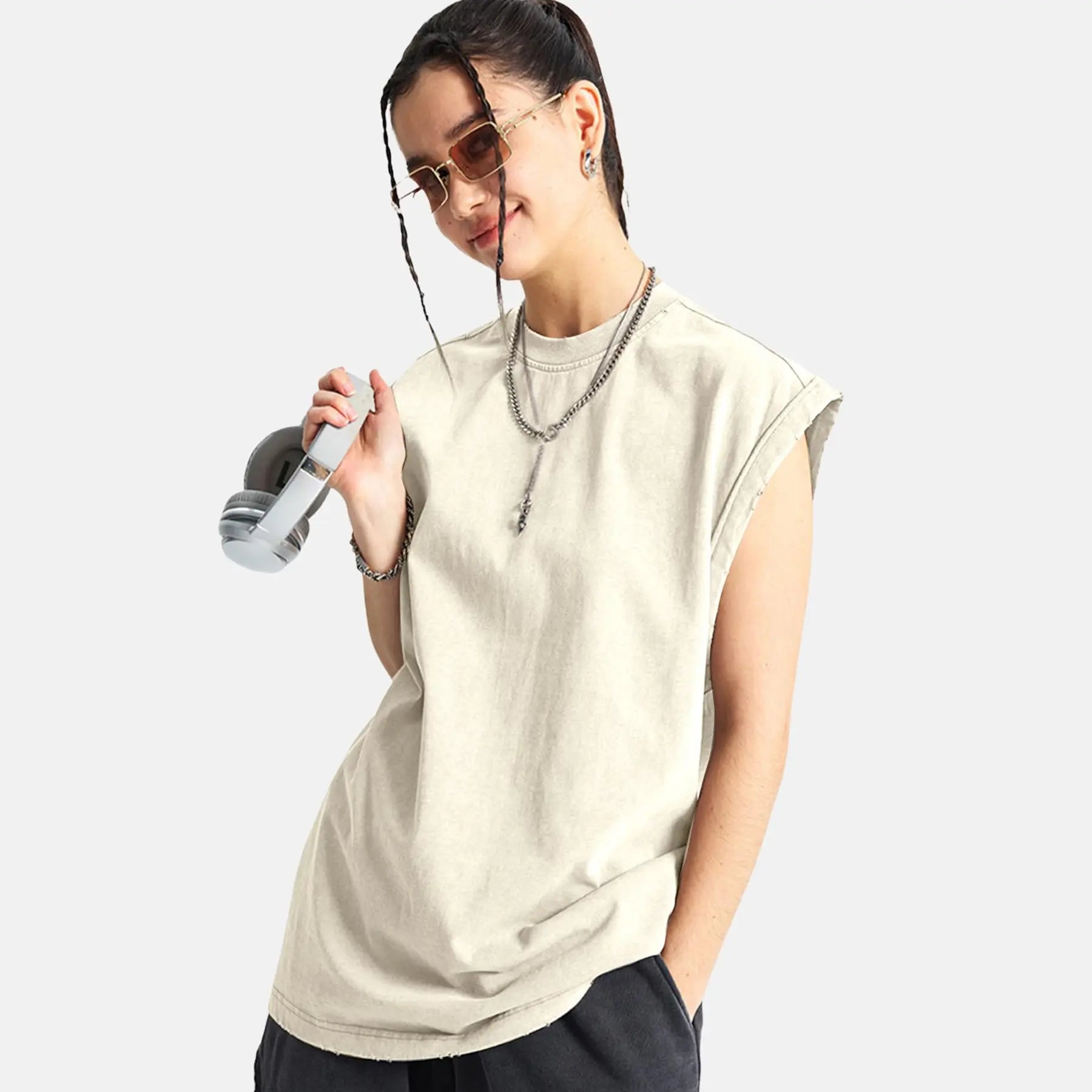 Men's Vintage Washed Oversized Tank Top – Cotton Sleeveless Muscle Shirt for Gym, Workout & Casual Streetwear