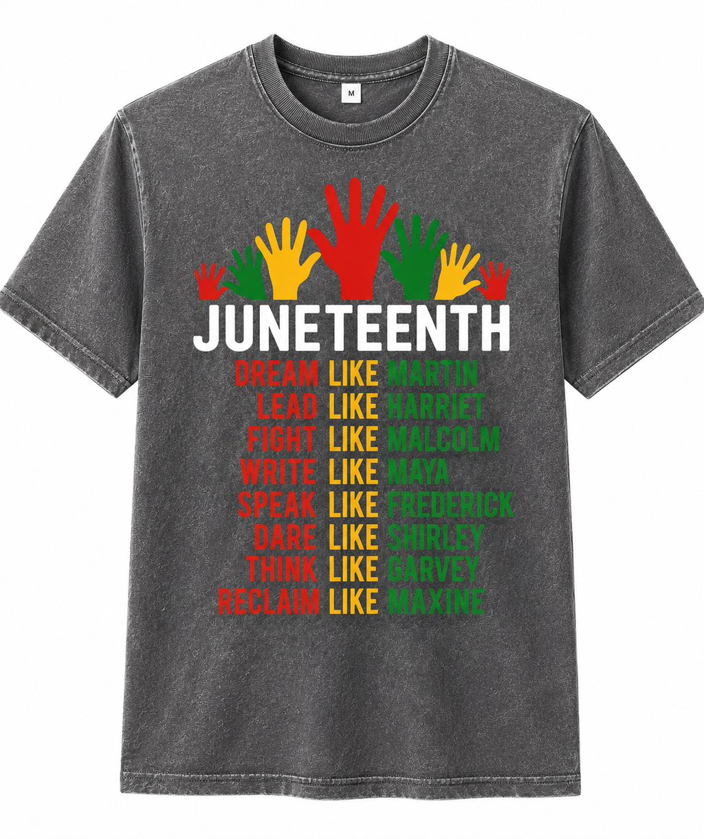 Women's & Men's Black Juneteenth T-Shirt/Sweatshirt/Hoodie - 100% Short Sleeve Crew Neck with African History Icons (Martin, Malcolm, Maya, Garvey) - Casual Juneteenth Celebration Apparel, Regular Fit Unisex Tee
