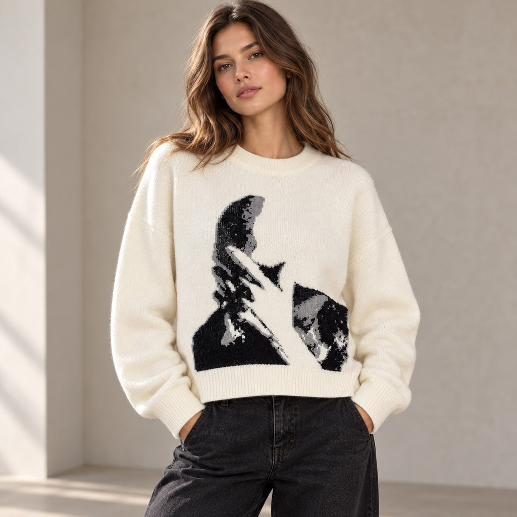 Vintage Figure Graphic Knit Sweater – Retro Art Round Neck Long Sleeve Pullover