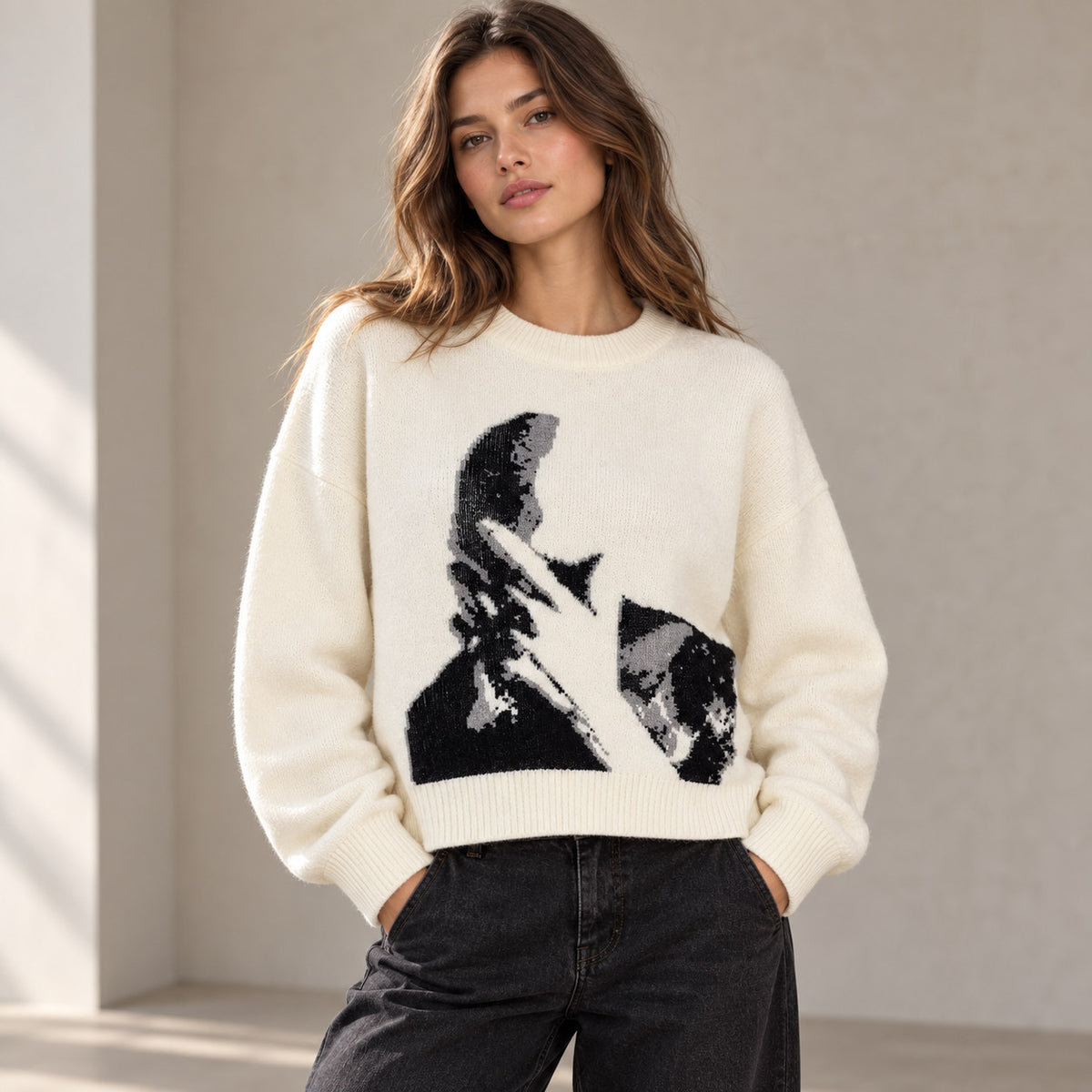 Vintage Figure Graphic Knit Sweater – Retro Art Round Neck Long Sleeve Pullover