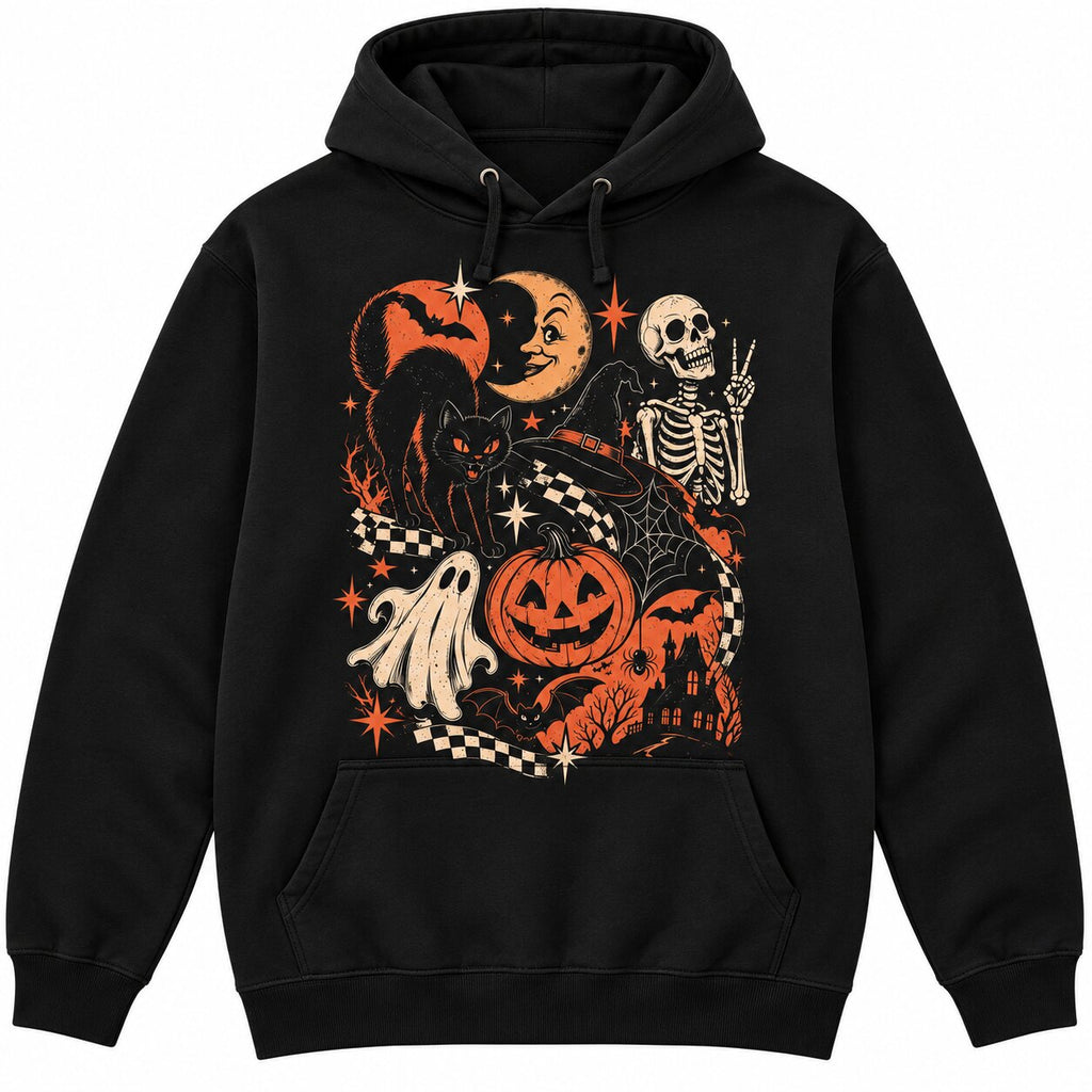Retro Halloween Black Cat Ghost & Skeleton T-Shirt, Sweatshirt & Hoodie – Spooky Cute Vintage Graphic Apparel
