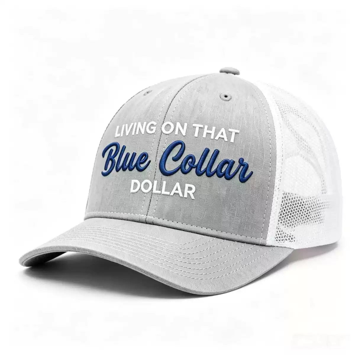 Living on That Blue Collar Dollar Embroidered Hat – Funny Blue Collar Baseball Cap for Mechanics, Welders & Hardworking Americans