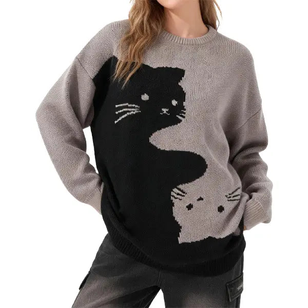 Funny Cat Graphic Knit Sweater – Oversized Crew Neck Pullover, Cute Black & White Cat Pattern Long Sleeve Knitwear, Casual Cozy Fall Winter Streetwear