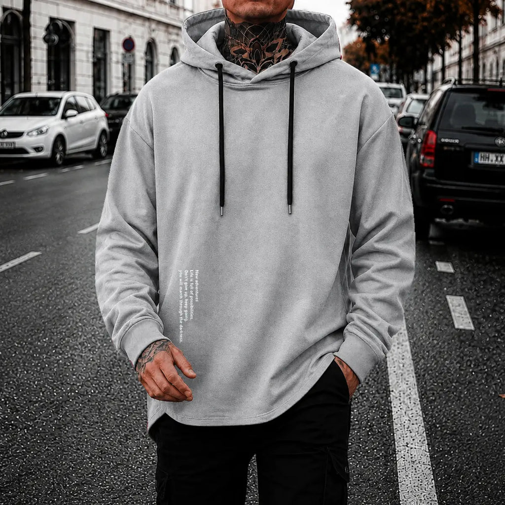 Men’s Minimalist Pullover Hoodie – Casual Letter Graphic Drawstring Sweatshirt, Relaxed Fit Streetwear Top for Everyday Wear