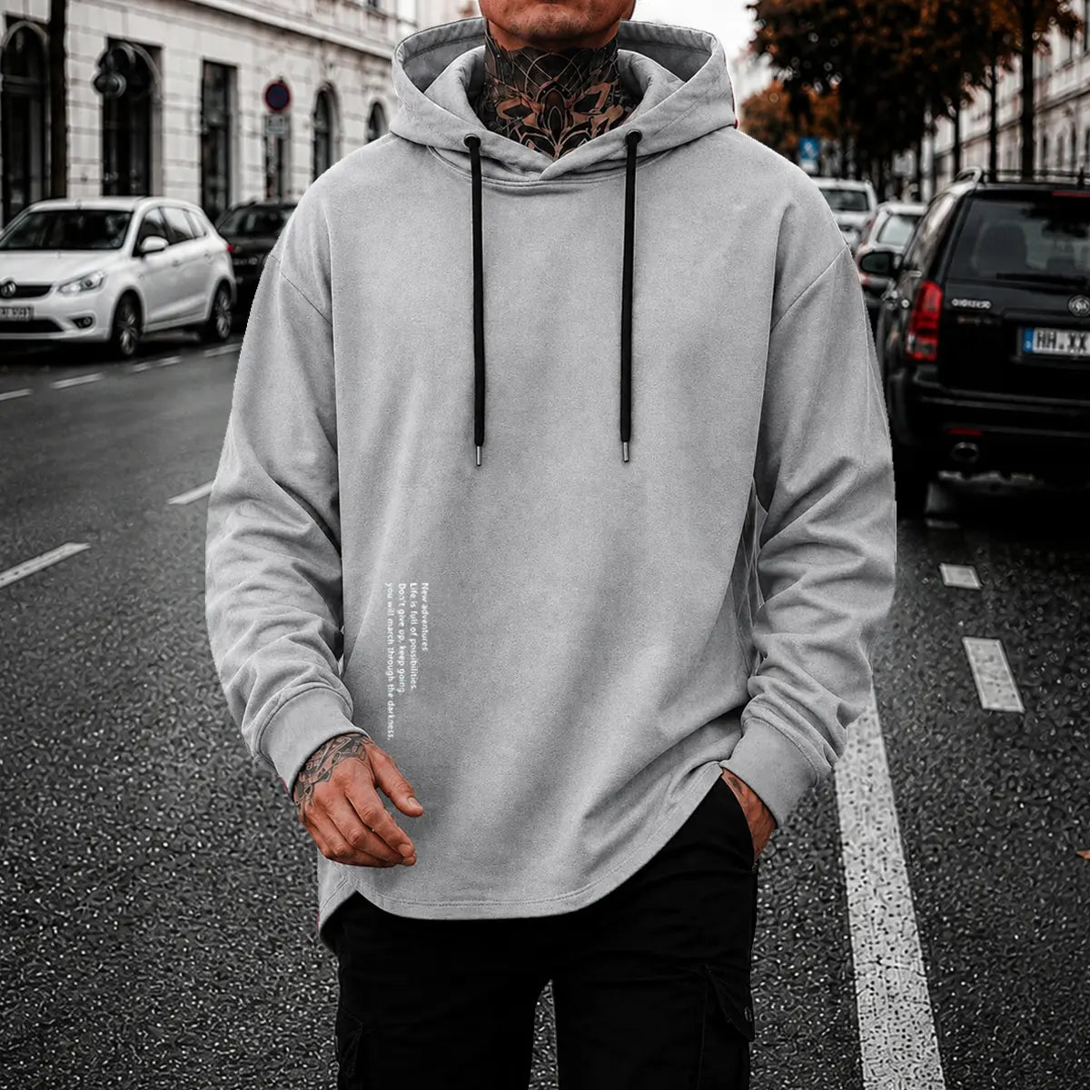 Men’s Minimalist Pullover Hoodie – Casual Letter Graphic Drawstring Sweatshirt, Relaxed Fit Streetwear Top for Everyday Wear