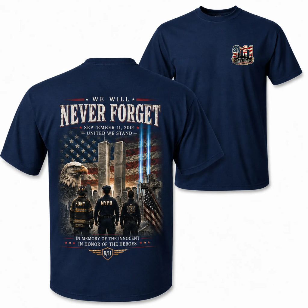 9/11 Never Forget Memorial Graphic T-Shirt, Sweatshirt & Hoodie – September 11 Twin Towers, American Flag & First Responder Tribute Print