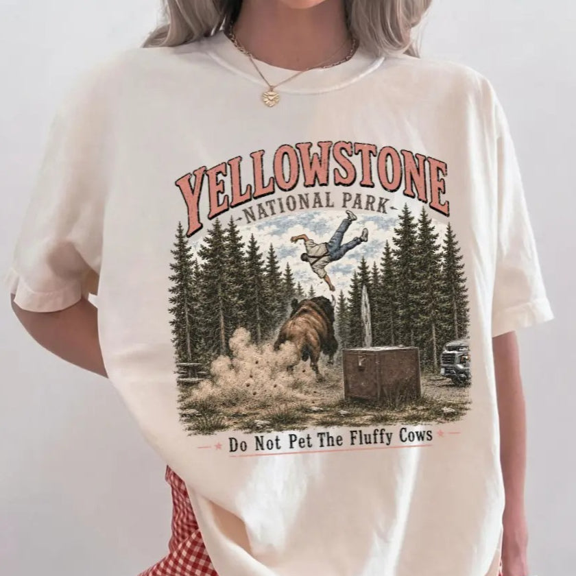 Yellowstone National Park "Do Not Pet The Fluffy Cows" T-Shirt – Vintage Bison Graphic Tee for Camping, Hiking & Outdoor Adventure