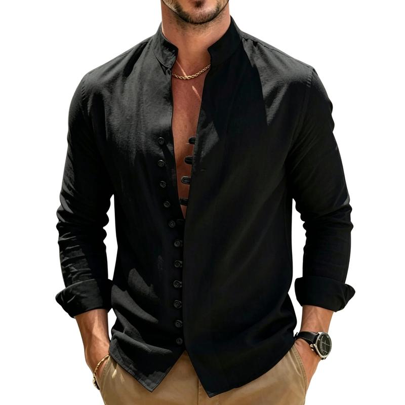 Men’s Stand Collar Linen Shirt – Button Front Long Sleeve Casual Shirt, Minimalist Summer Resort Style