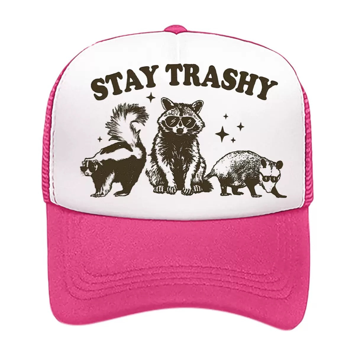 Stay Trashy Foam Trucker Hat – Funny Woodland Animal Graphic Mesh Baseball Cap for Men & Women
