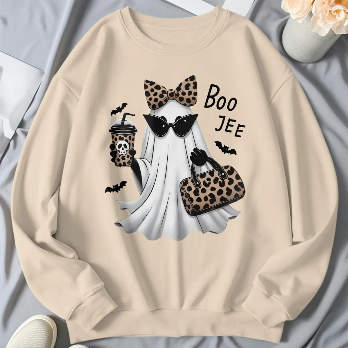 Boo-Jee Ghost Graphic T-Shirt, Sweatshirt & Hoodie – Leopard Print Halloween Ghost Design, Funny Fall Streetwear Apparel