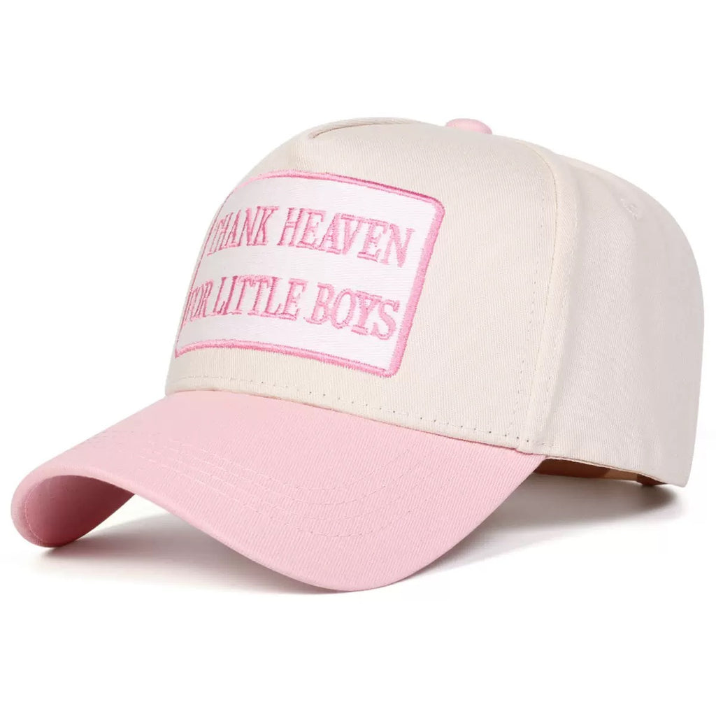 "Thank Heaven for Little Boys" Embroidered Two-Tone Mesh Trucker Hat – Boy Mom Statement Baseball Cap, Mother's Day Gift for Moms