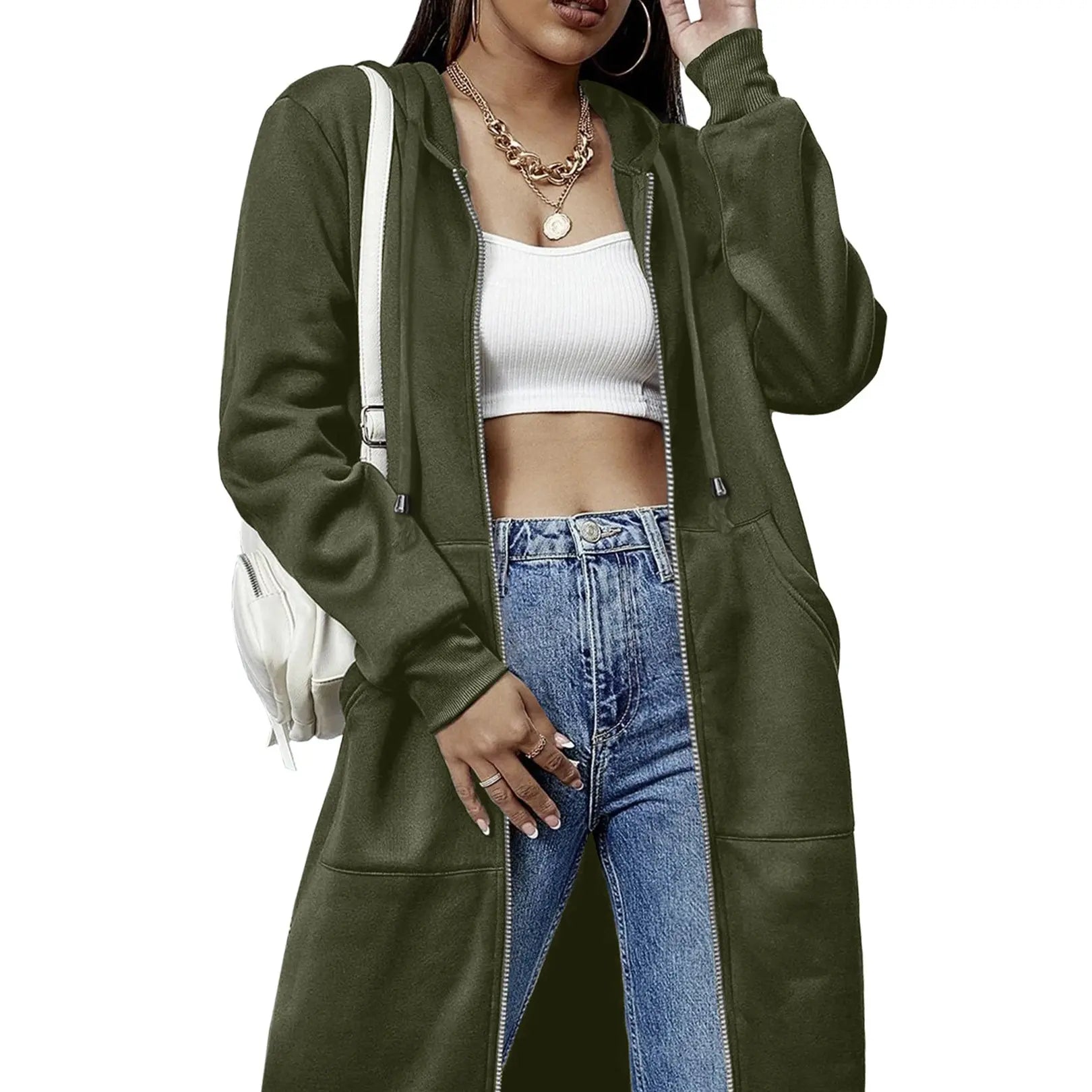 Women's Long Zip Up Hoodie Jacket – Casual Hooded Sweatshirt Coat, Longline Streetwear Outerwear for Fall & Everyday Wear