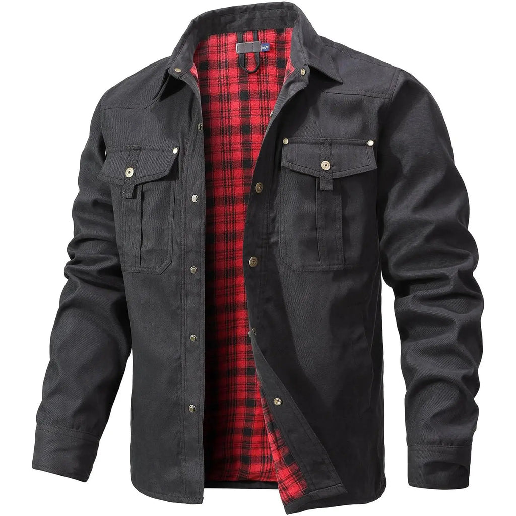 Men’s Plaid Lined Shirt Jacket – Western Workwear Button-Up Shacket with Utility Pockets, Casual Outdoor Jacket
