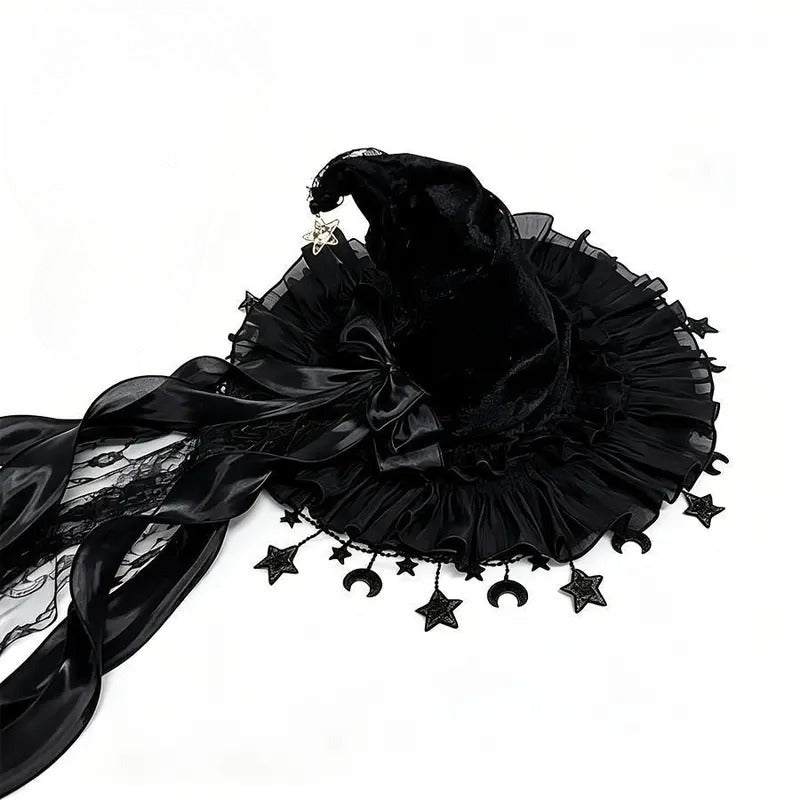 Women’s Gothic Witch Hat with Tulle & Long Satin Ribbon Bow – Star & Moon Charm Ruffle Brim Halloween Costume Hat