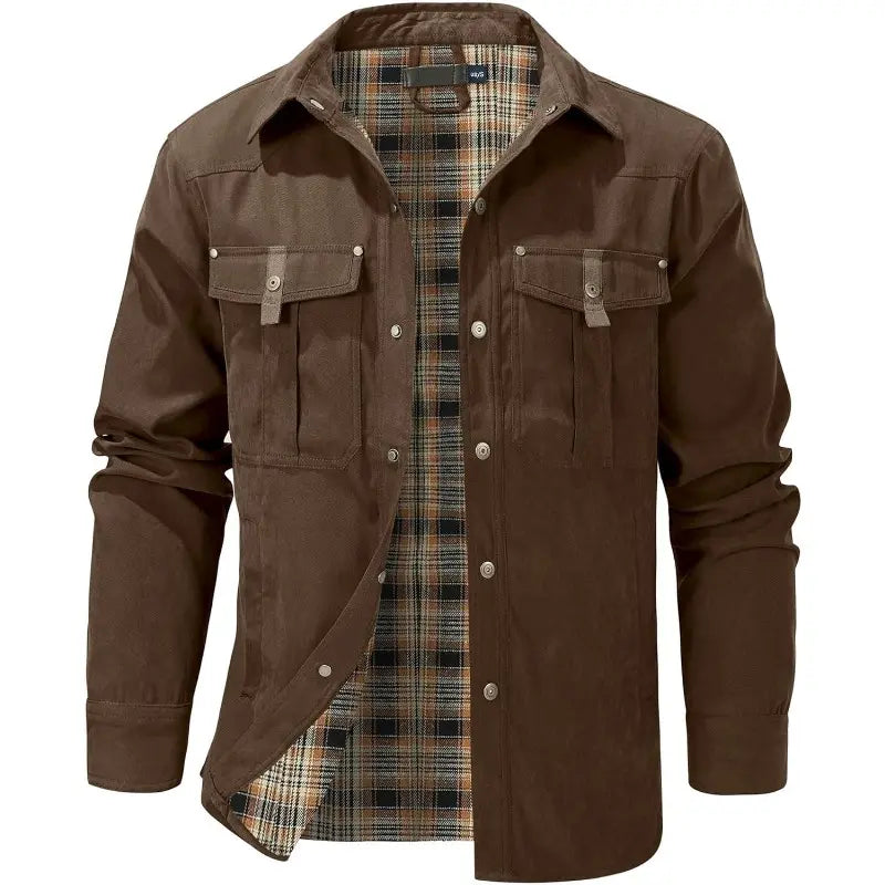Men’s Plaid Lined Shirt Jacket – Western Workwear Button-Up Shacket with Utility Pockets, Casual Outdoor Jacket