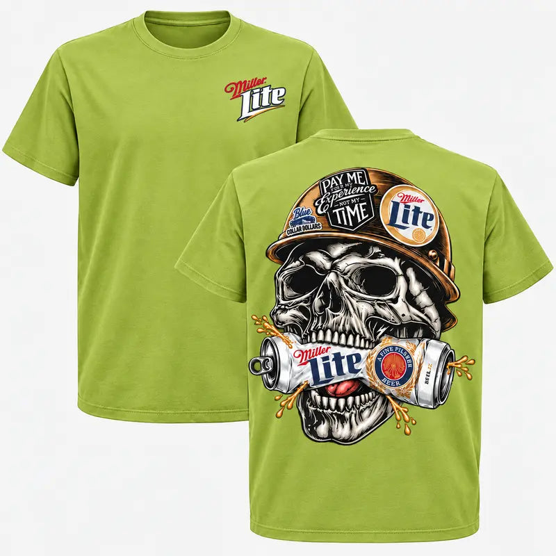 Miller Lite Skull Blue Collar Graphic T-Shirt, Sweatshirt & Hoodie – Beer Lover Workwear & Tradesman Graphic Apparel