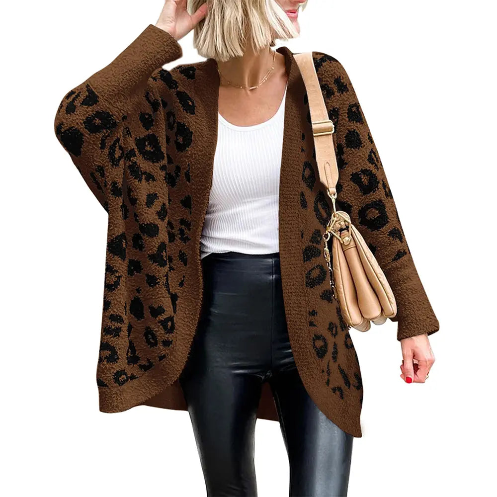 Leopard Print Fuzzy Knit Cardigan – Cozy Open Front Oversized Sweater, Casual Fall & Winter Layering